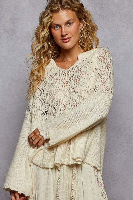 Long sleeve shirring flared solid rib band detail sweater