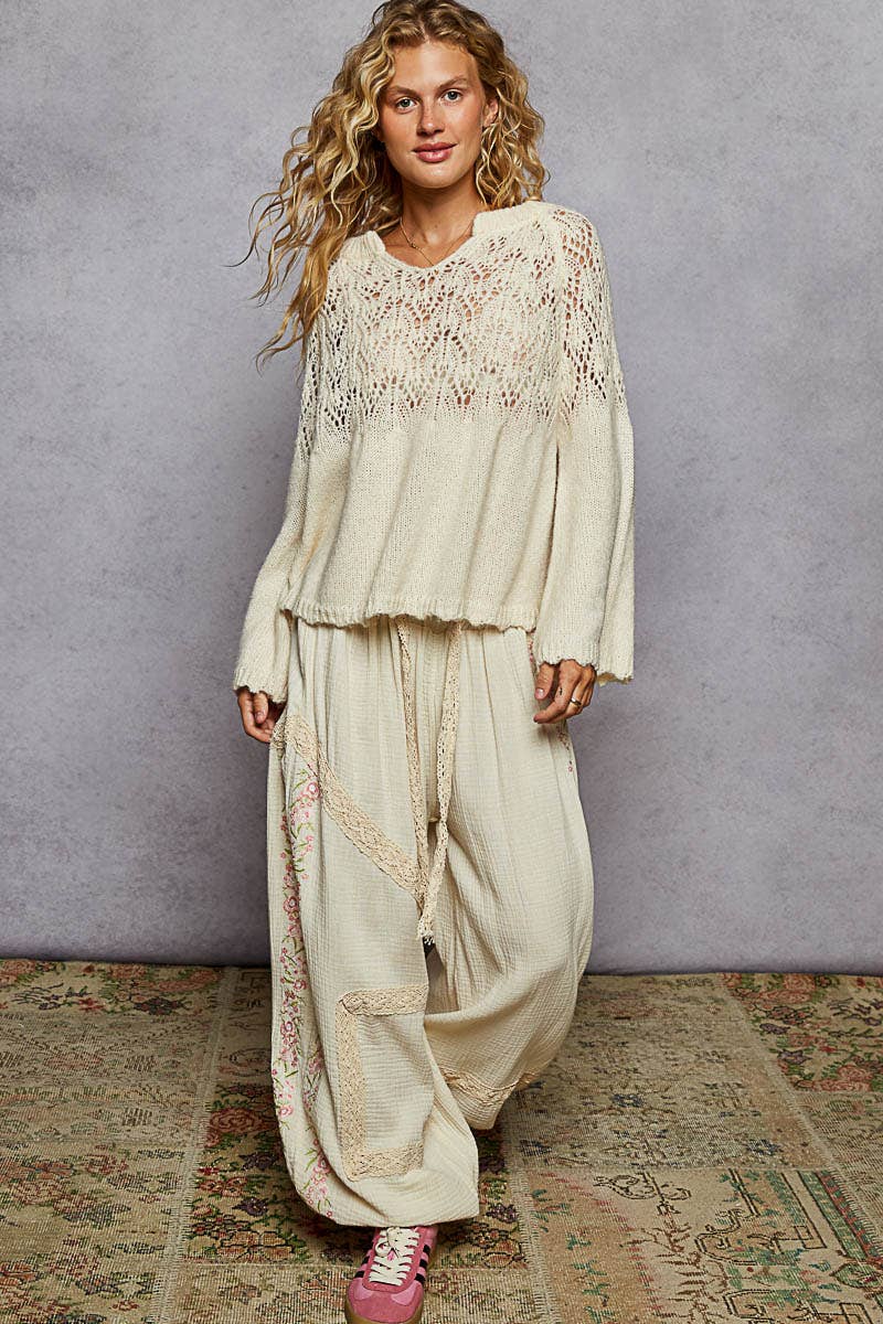 Long sleeve shirring flared solid rib band detail sweater