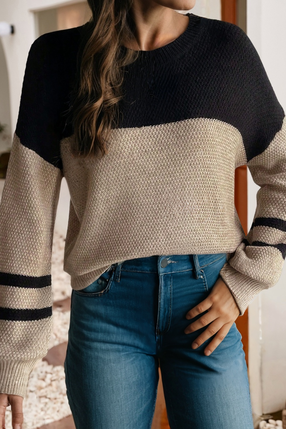 Color Block Knit Striped Detail Casual Sweater