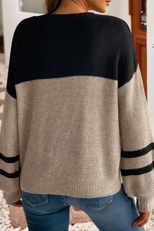Color Block Knit Striped Detail Casual Sweater