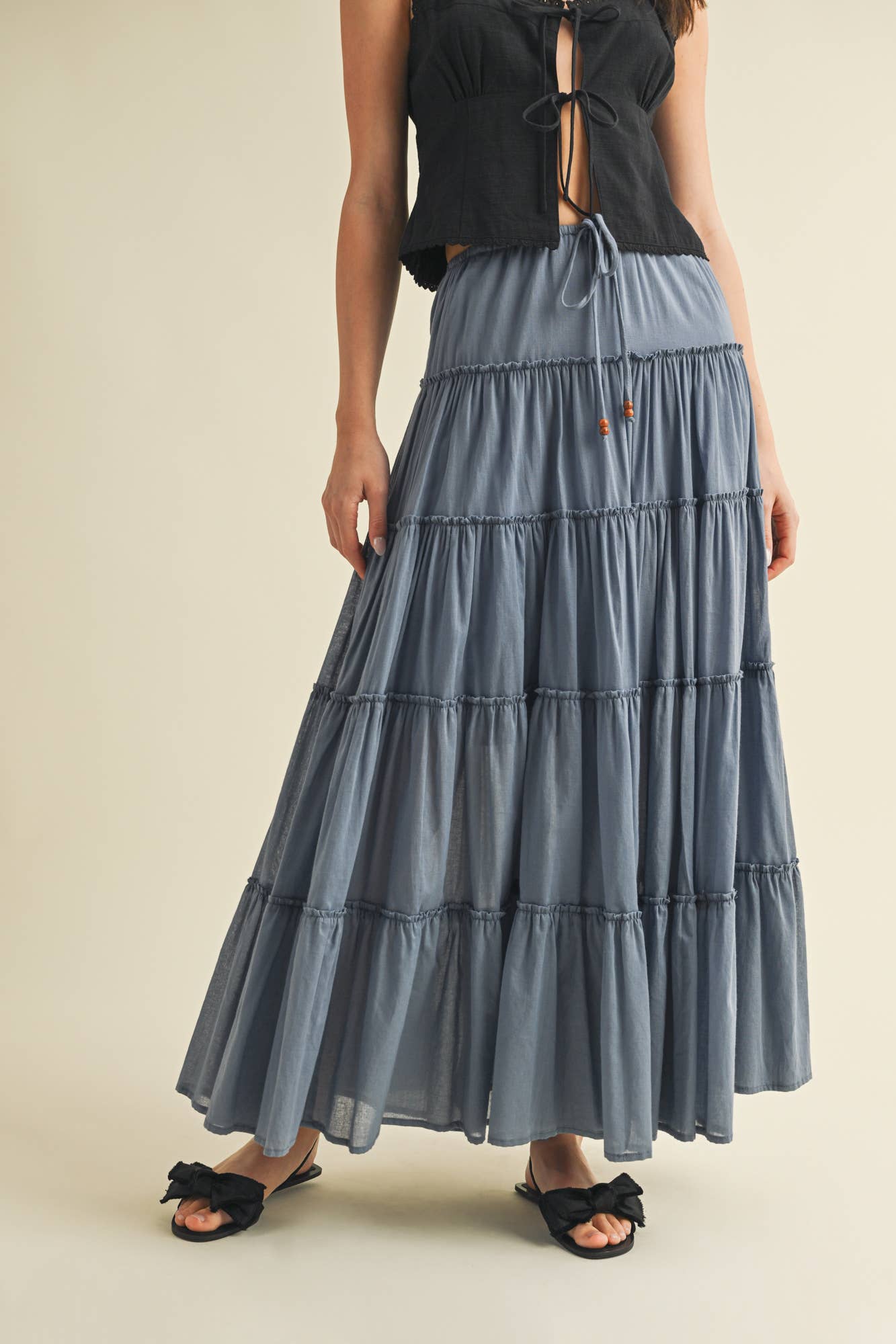 DRAWSTRING TIERED MAXI SKIRT