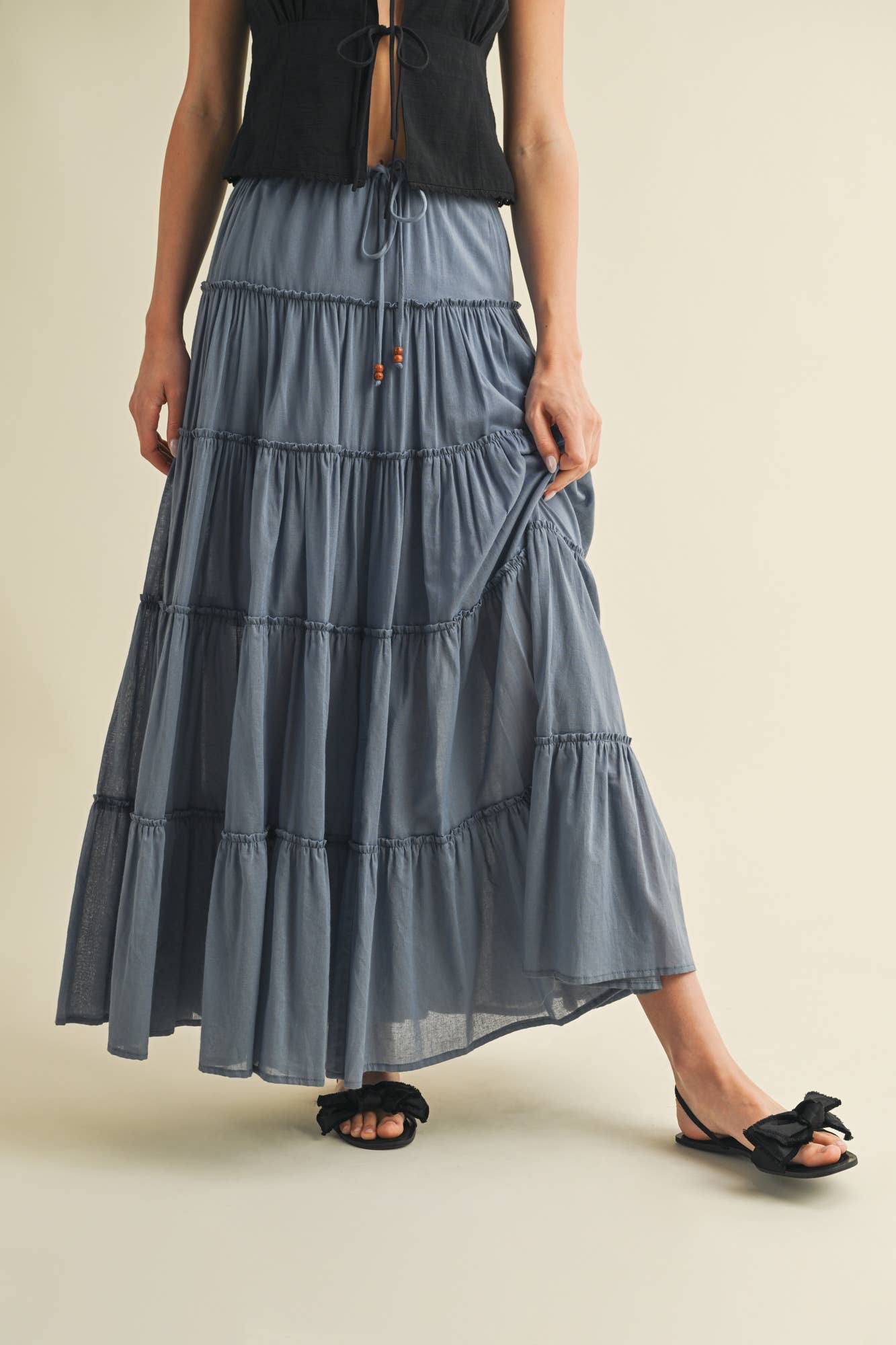 DRAWSTRING TIERED MAXI SKIRT
