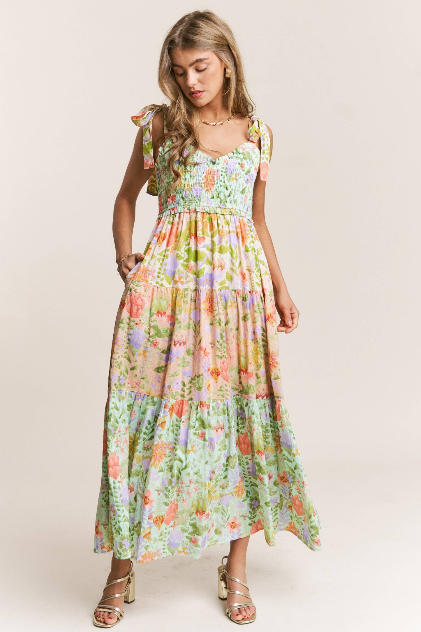 Smocked V-neck Tiered Multi Print Dress