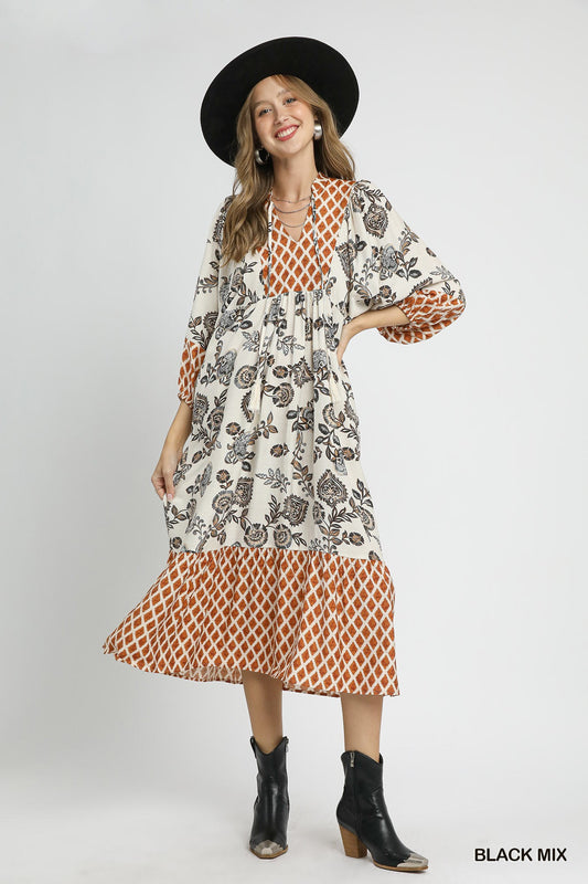 Mixed Print Midi Dress w/ Front Tie