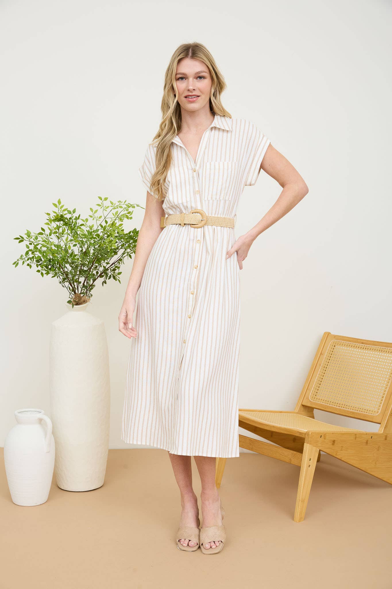 STRIPE BUTTON DOWN BELTED MIDI SHIRT DRESS