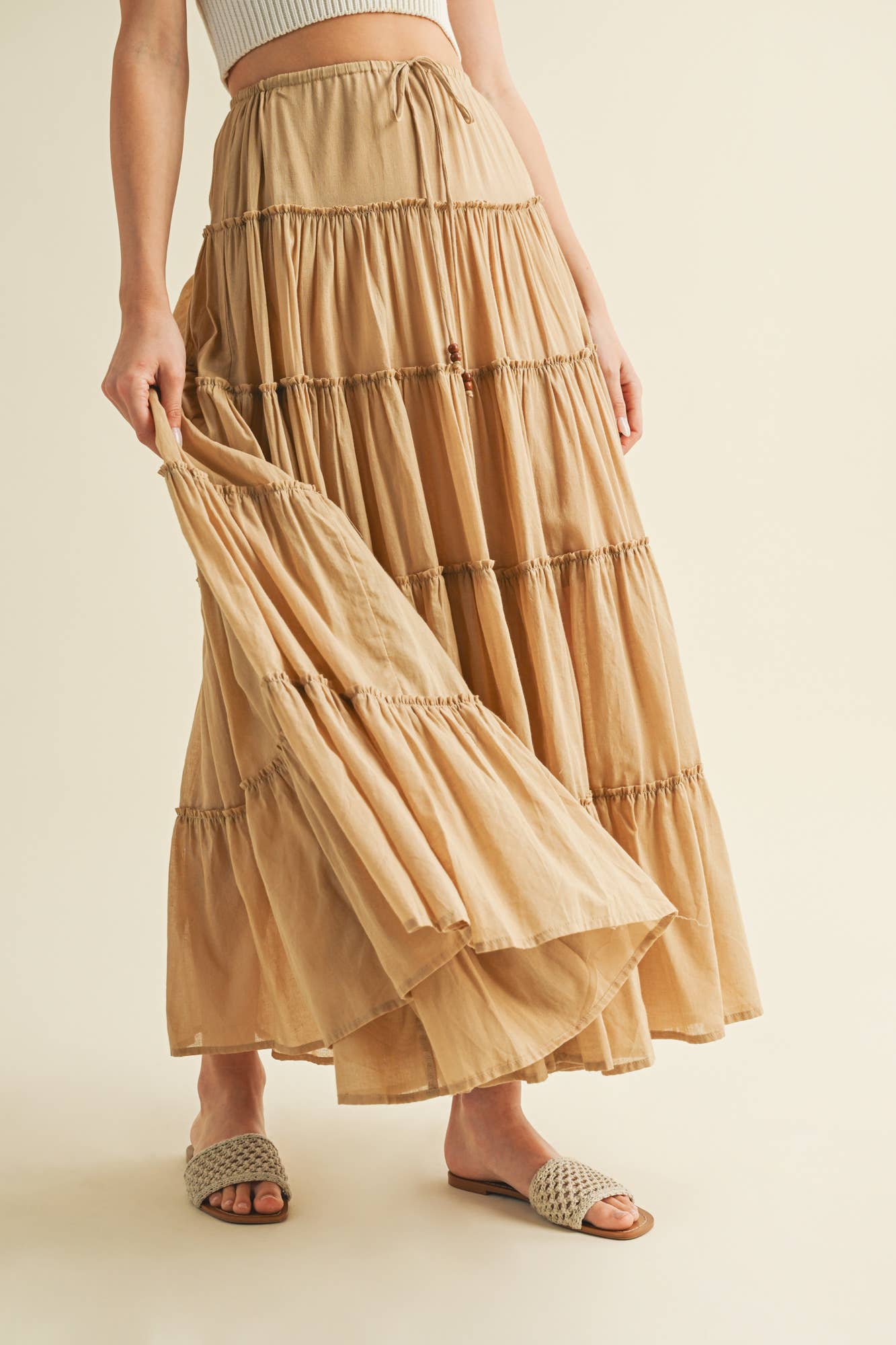DRAWSTRING TIERED MAXI SKIRT