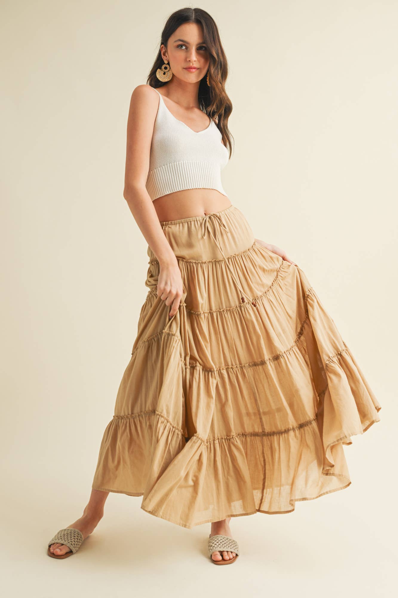 DRAWSTRING TIERED MAXI SKIRT