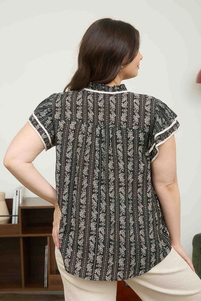 Stripe Floral Pattern Tie Front Ruffle Top