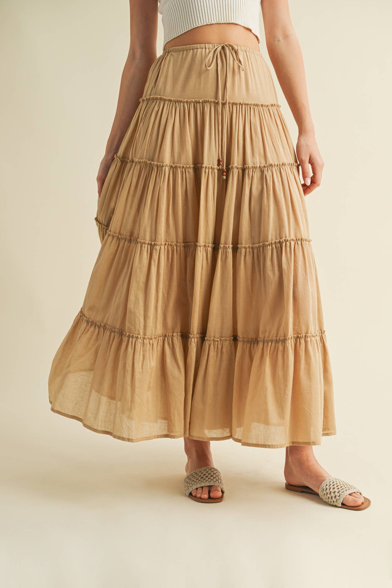 DRAWSTRING TIERED MAXI SKIRT