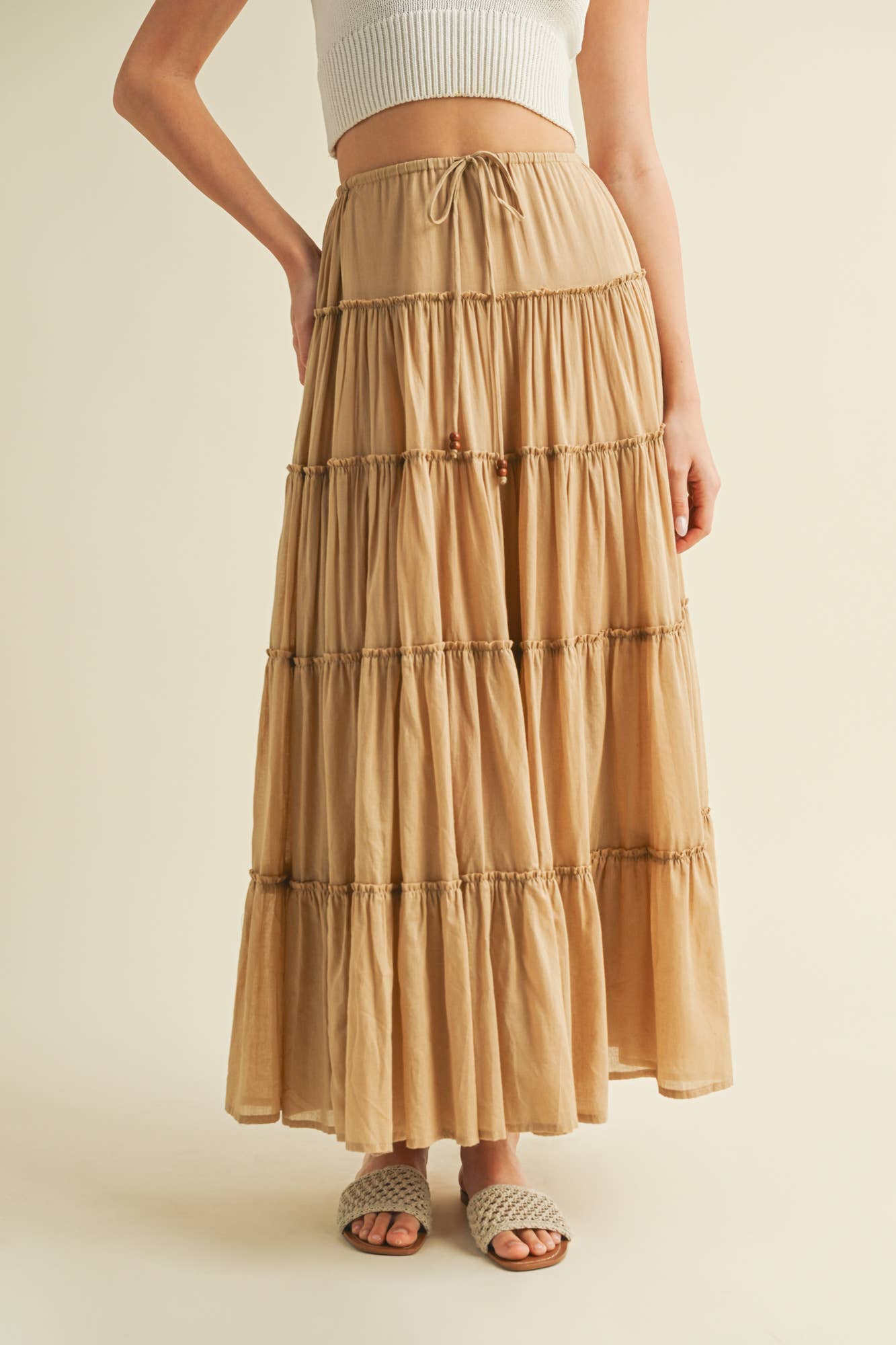DRAWSTRING TIERED MAXI SKIRT