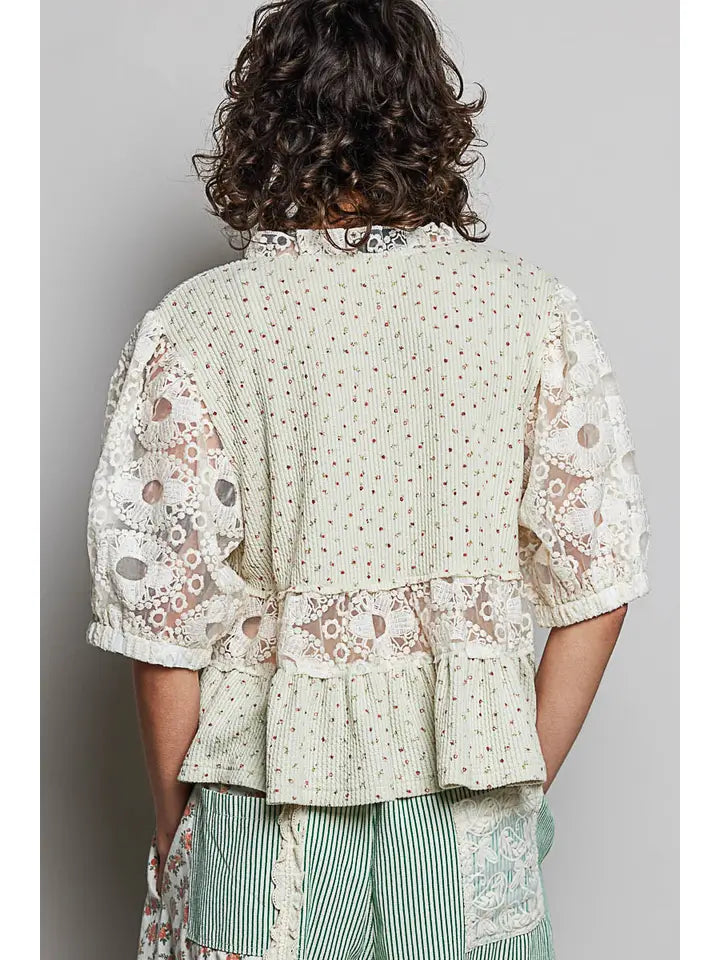 V-Neck Lace Ruffle Rib Floral Half Balloon Sleeves Top