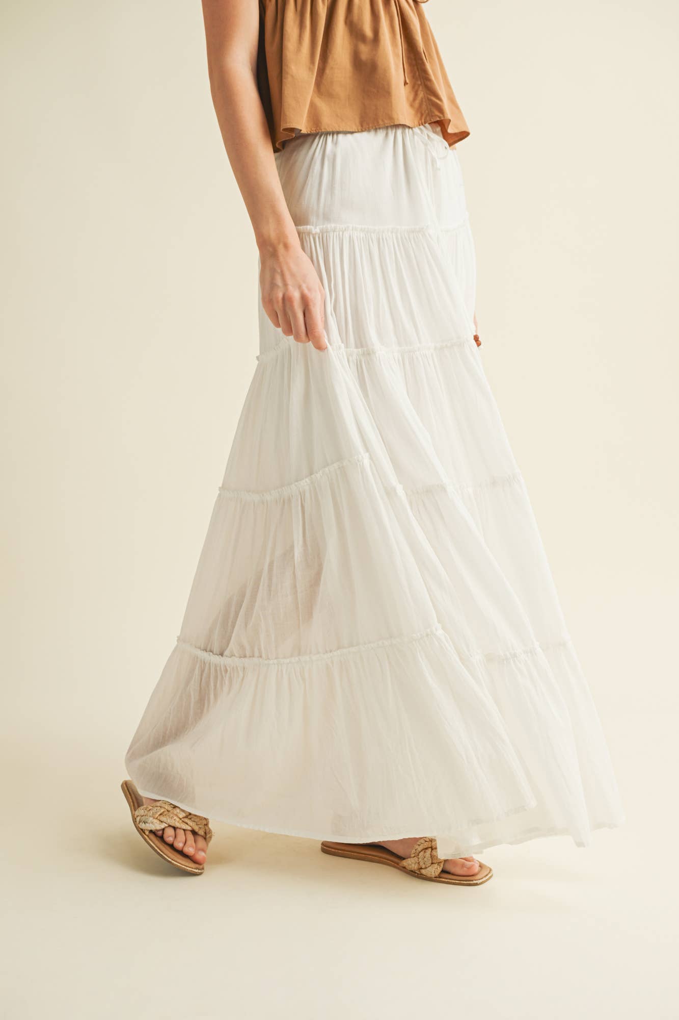 DRAWSTRING TIERED MAXI SKIRT