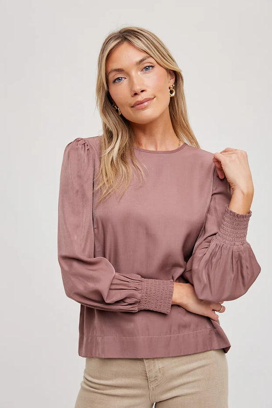 SATIN SMOCKING CUFF BAND DETAIL BLOUSE TIE BACK