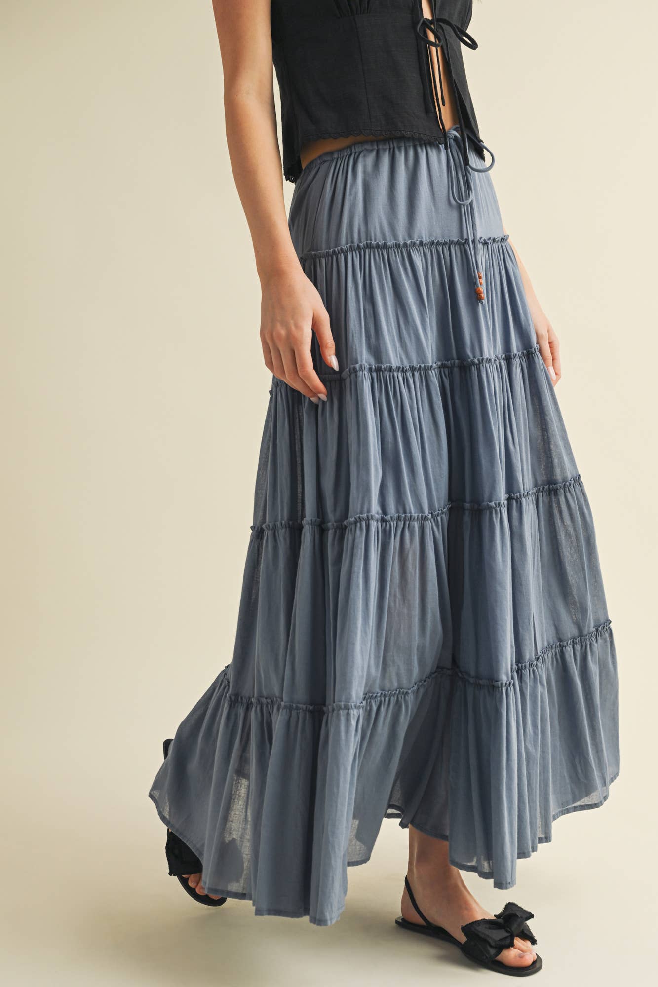 DRAWSTRING TIERED MAXI SKIRT