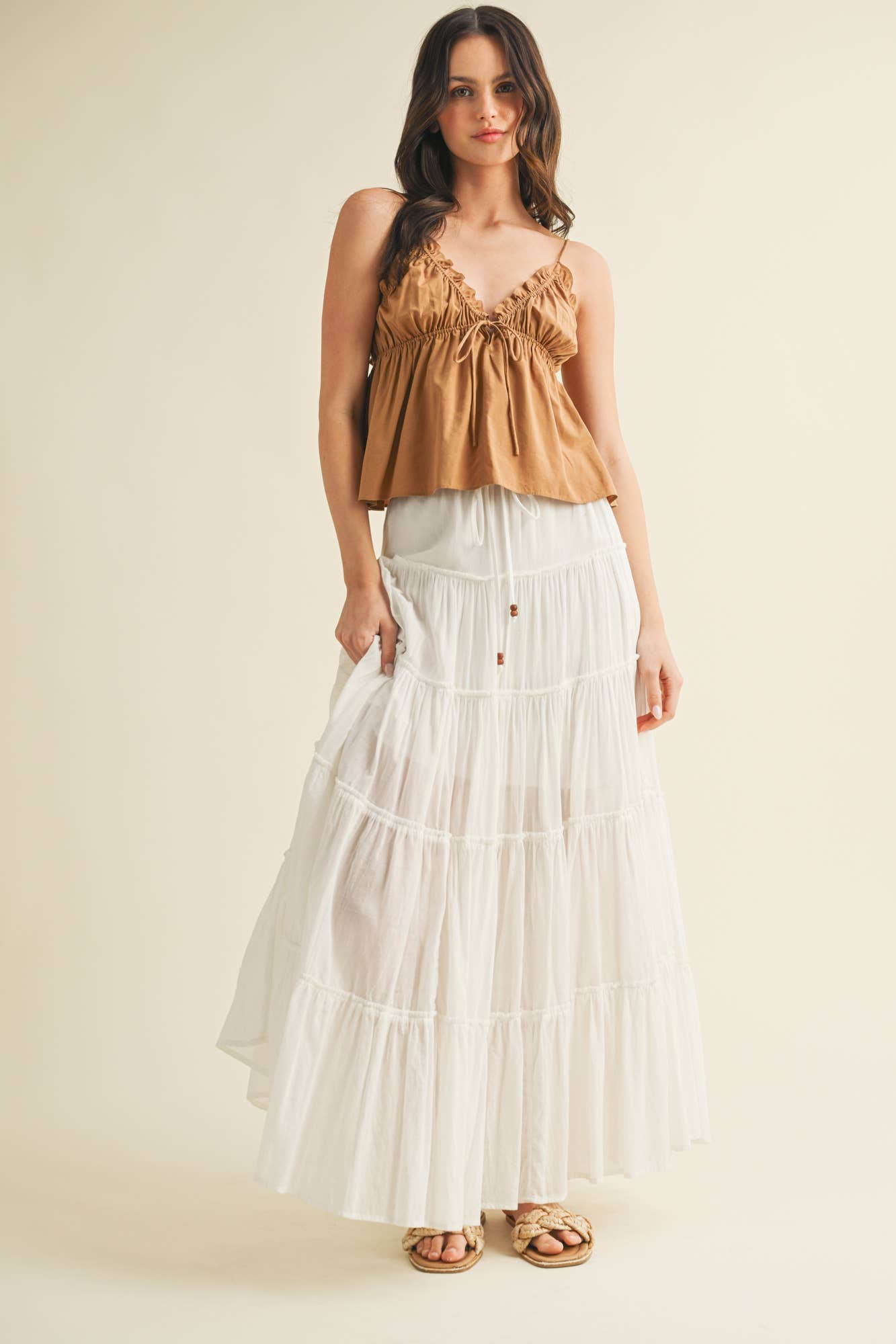 DRAWSTRING TIERED MAXI SKIRT