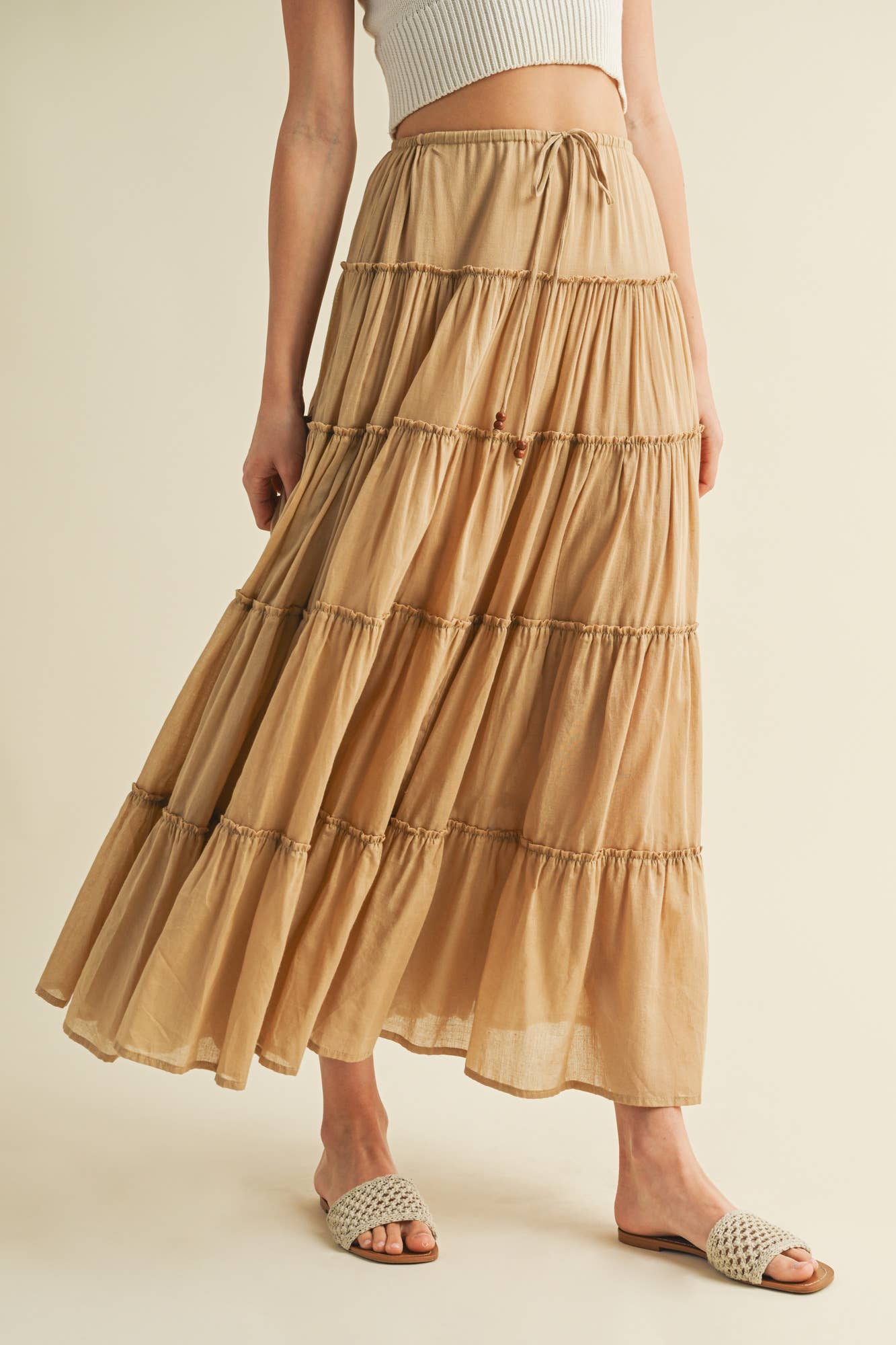 DRAWSTRING TIERED MAXI SKIRT