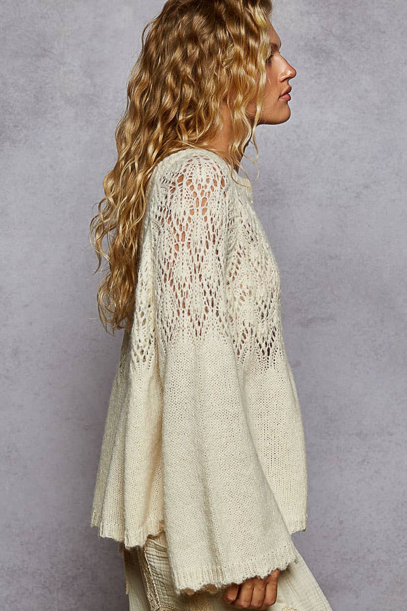 Long sleeve shirring flared solid rib band detail sweater