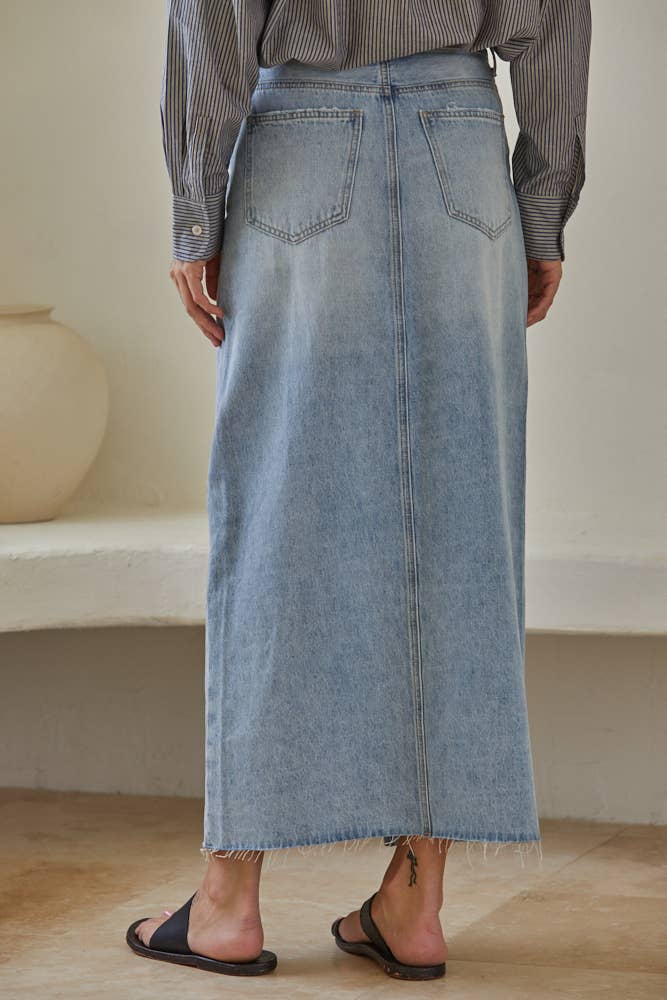 BD267 | Denim Light Wash Cut off Midi Skirt