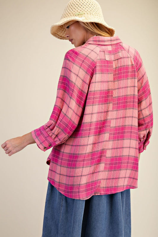 PINK PLAID WOVEN BUTTON DOWN SHIRT