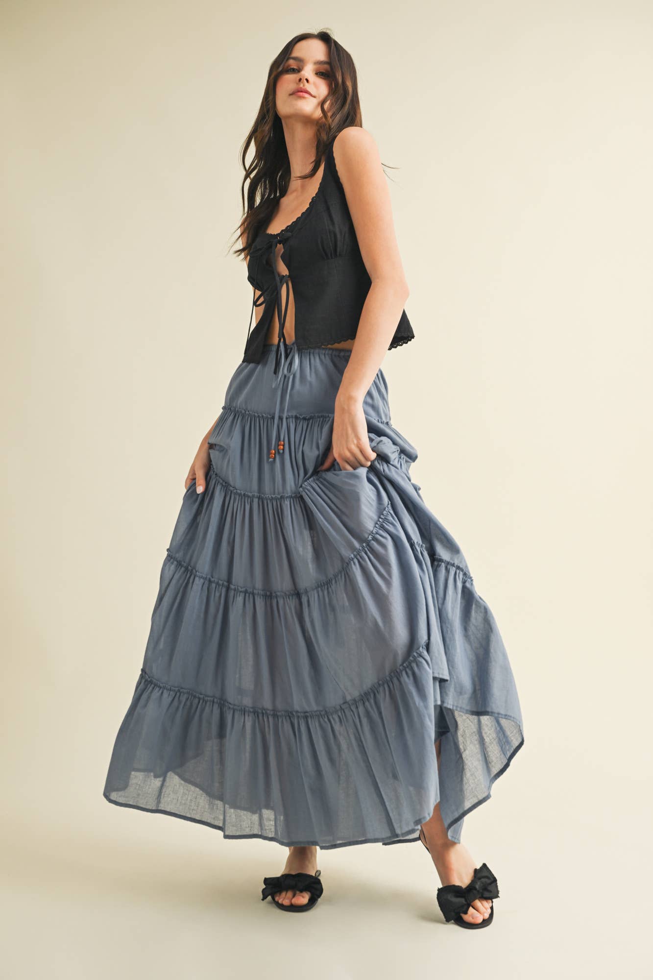 DRAWSTRING TIERED MAXI SKIRT