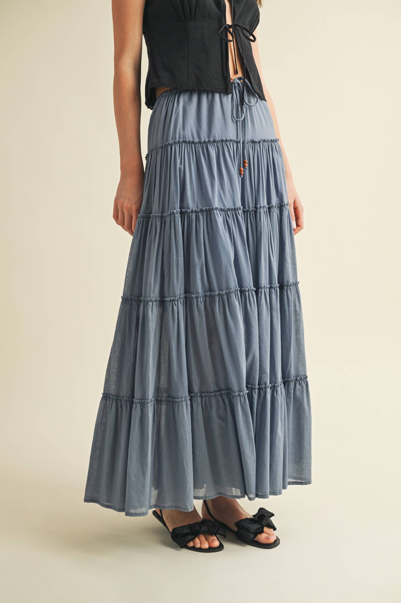 DRAWSTRING TIERED MAXI SKIRT