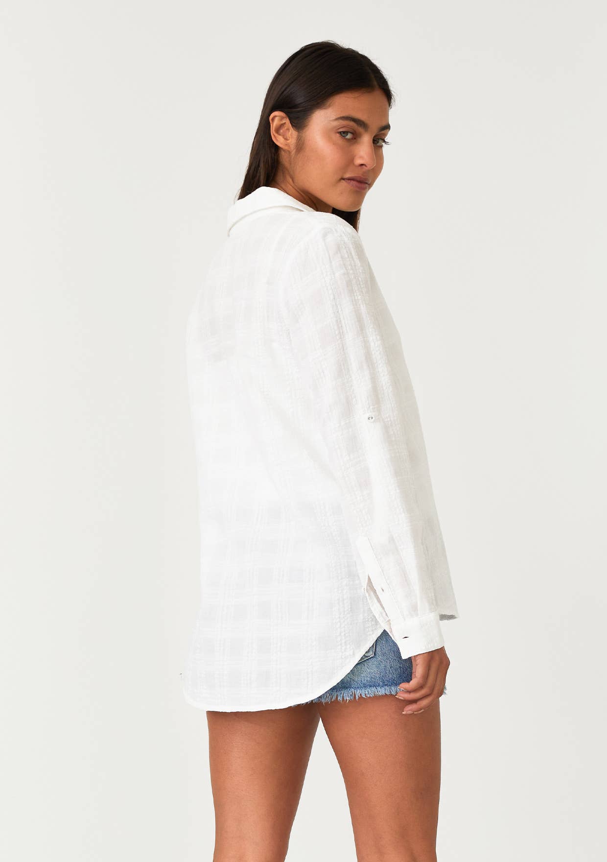 Puckered Long Sleeve Button Down Blouse
