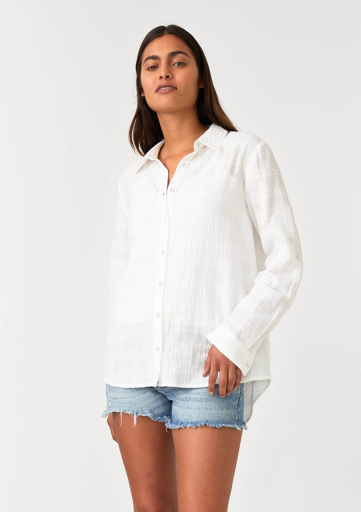 Puckered Long Sleeve Button Down Blouse
