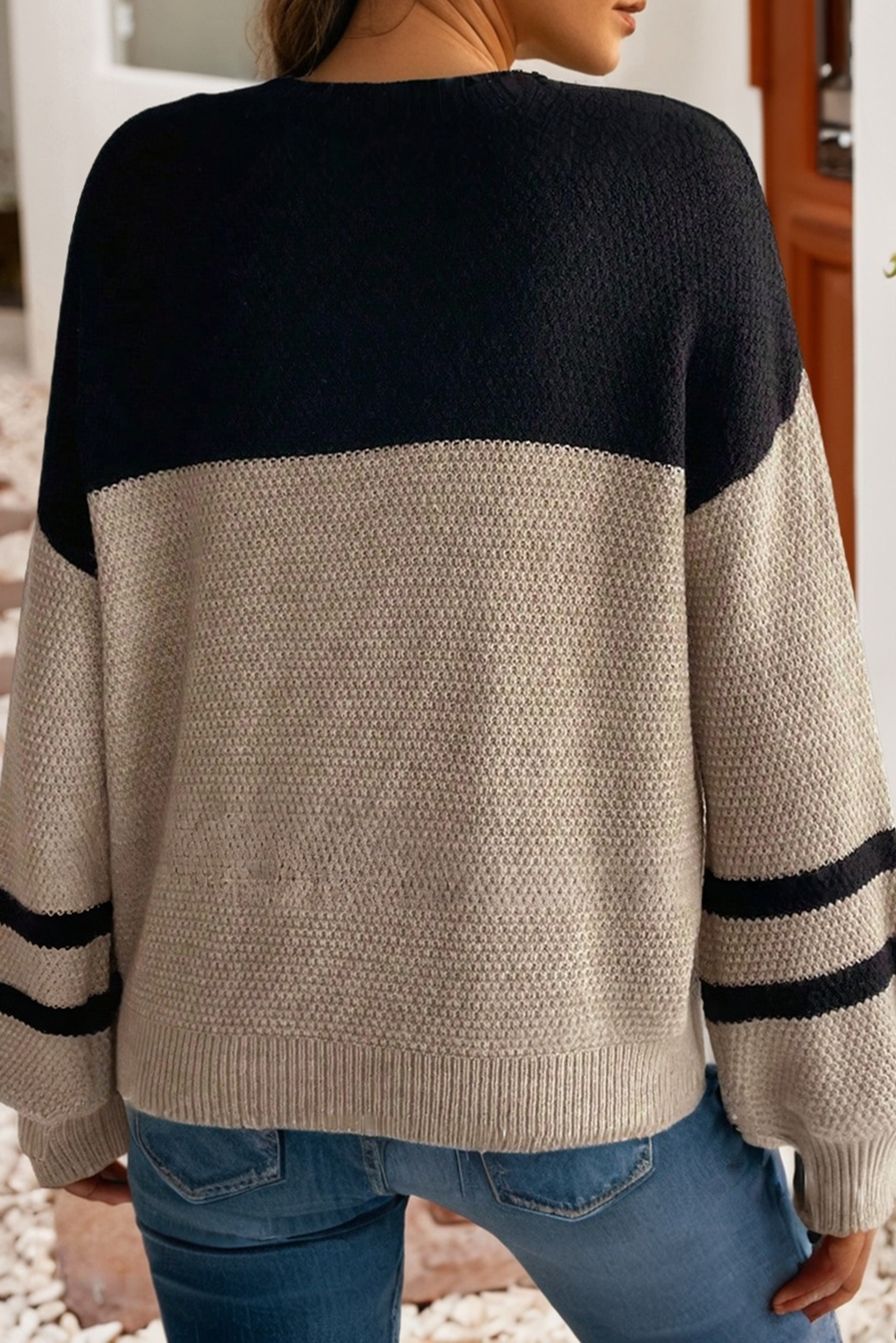 Color Block Knit Striped Detail Casual Sweater