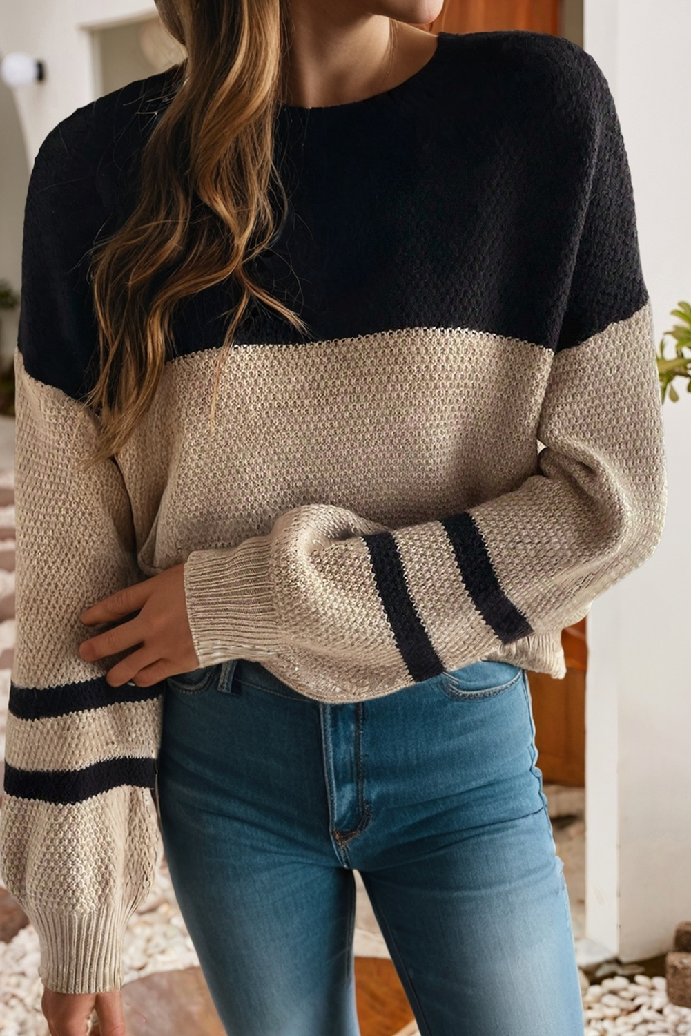 Color Block Knit Striped Detail Casual Sweater