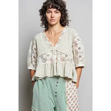 V-Neck Lace Ruffle Rib Floral Half Balloon Sleeves Top