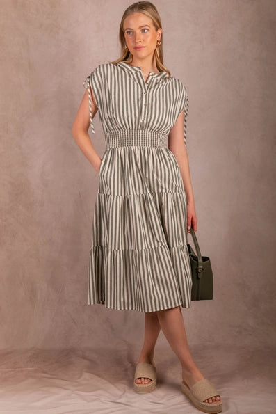 Striped Cotton Smocked Midi Dress