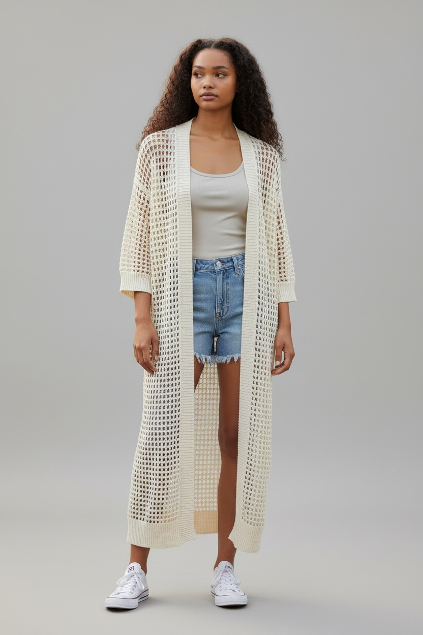 Open Knit Long Kimono