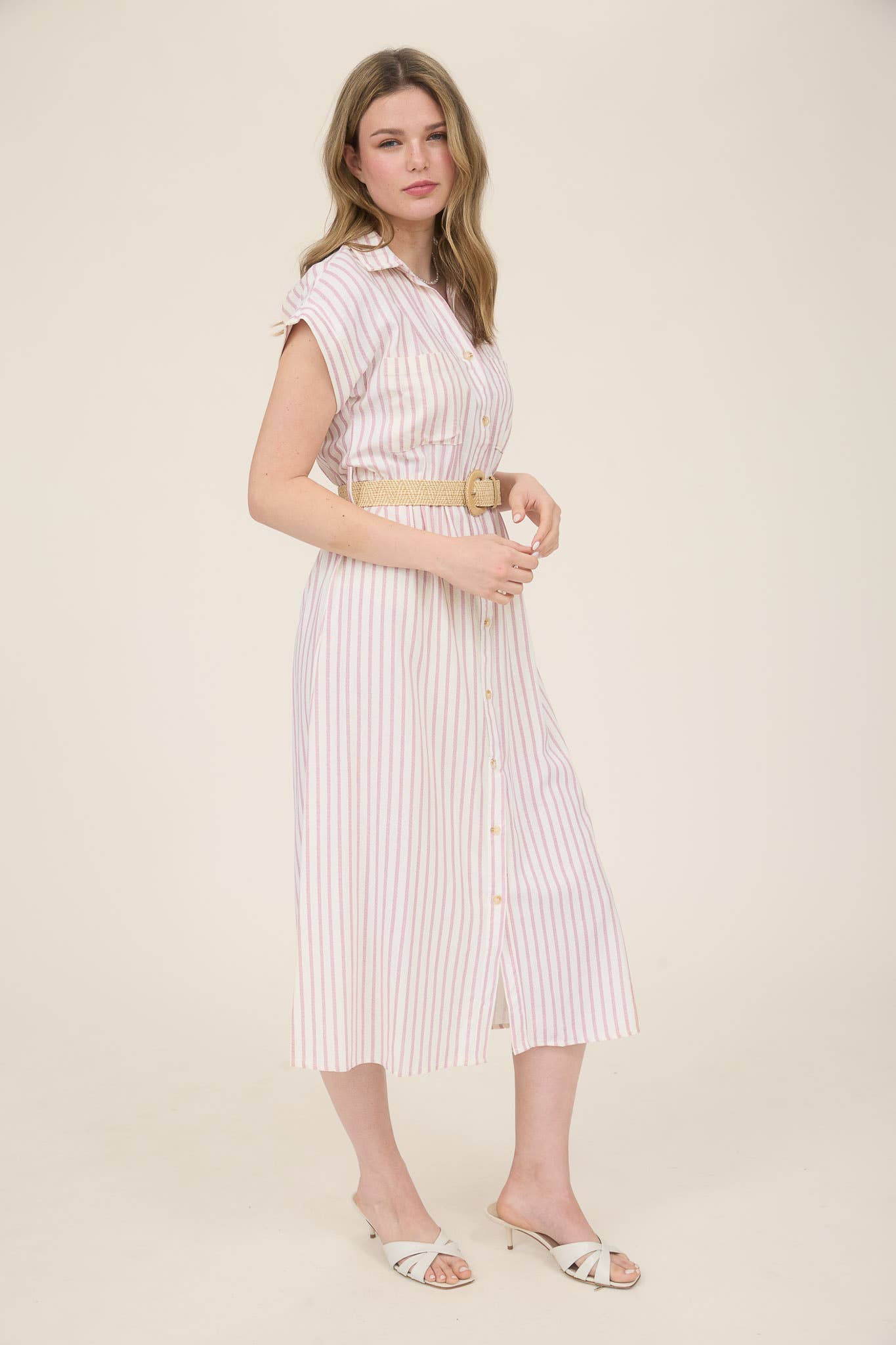 STRIPE BUTTON DOWN BELTED MIDI SHIRT DRESS