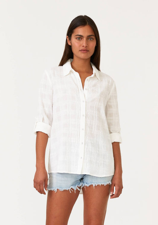 Puckered Long Sleeve Button Down Blouse