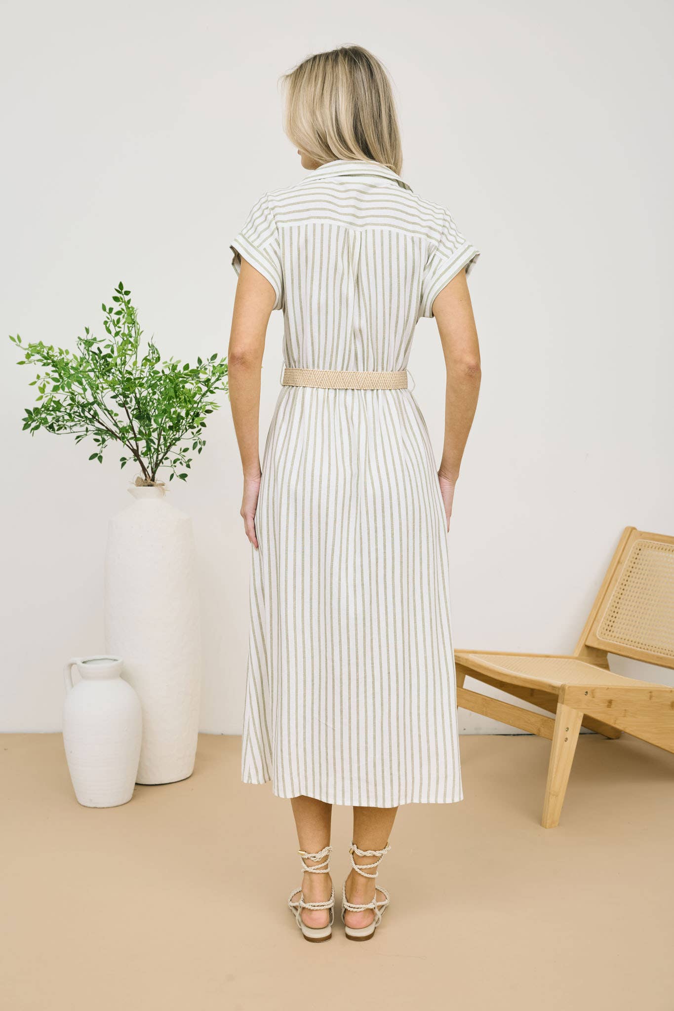 STRIPE BUTTON DOWN BELTED MIDI SHIRT DRESS