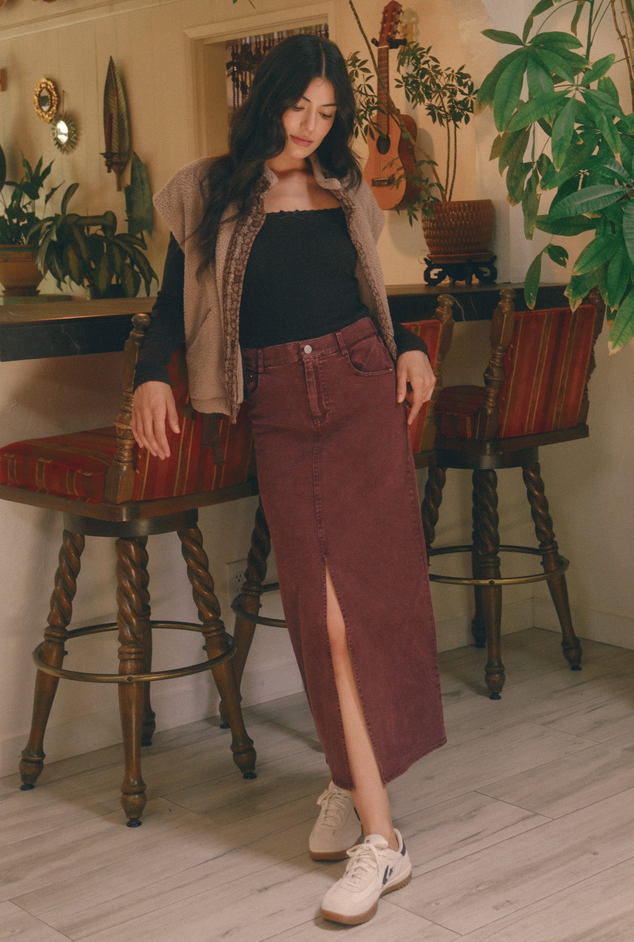 ELASTIC WAIST TWILL MAXI SKIRT
