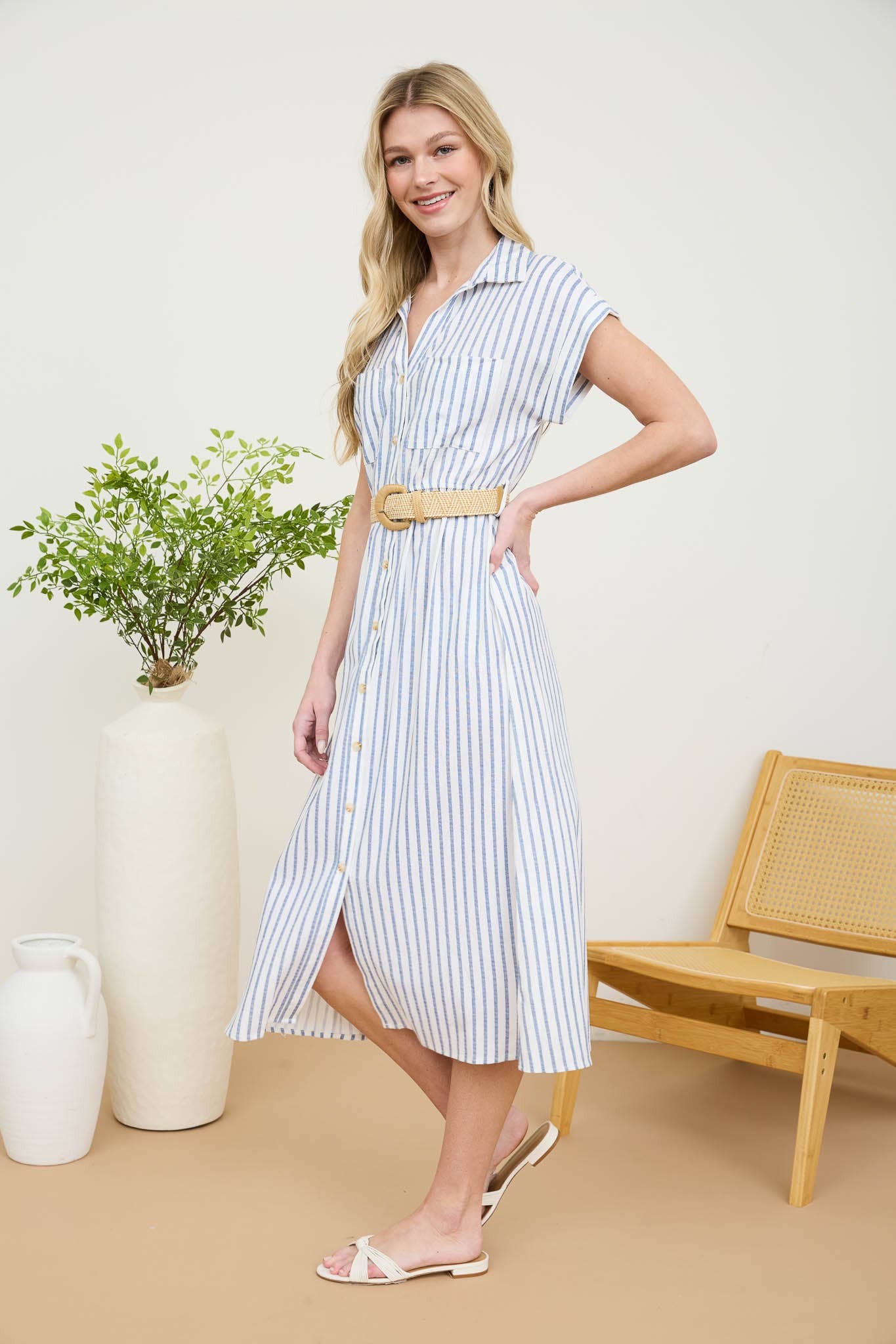 STRIPE BUTTON DOWN BELTED MIDI SHIRT DRESS