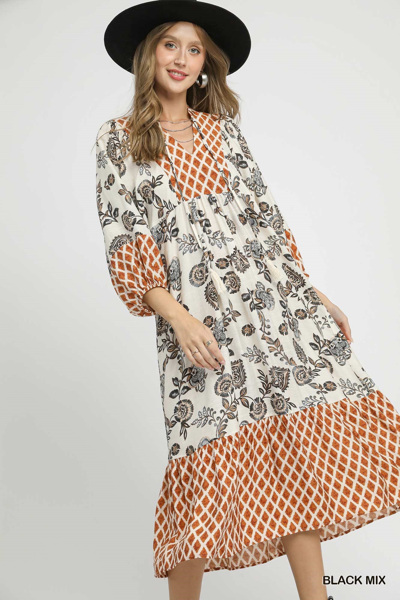 Mixed Print Midi Dress w/ Front Tie