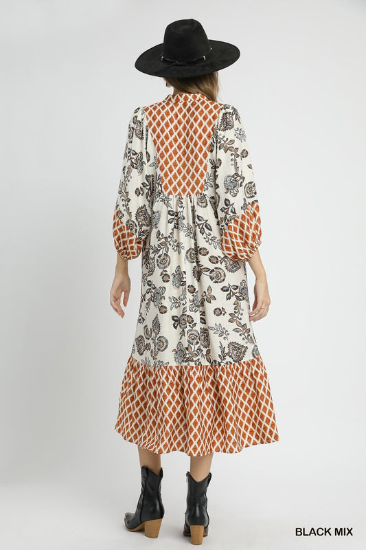 Mixed Print Midi Dress w/ Front Tie