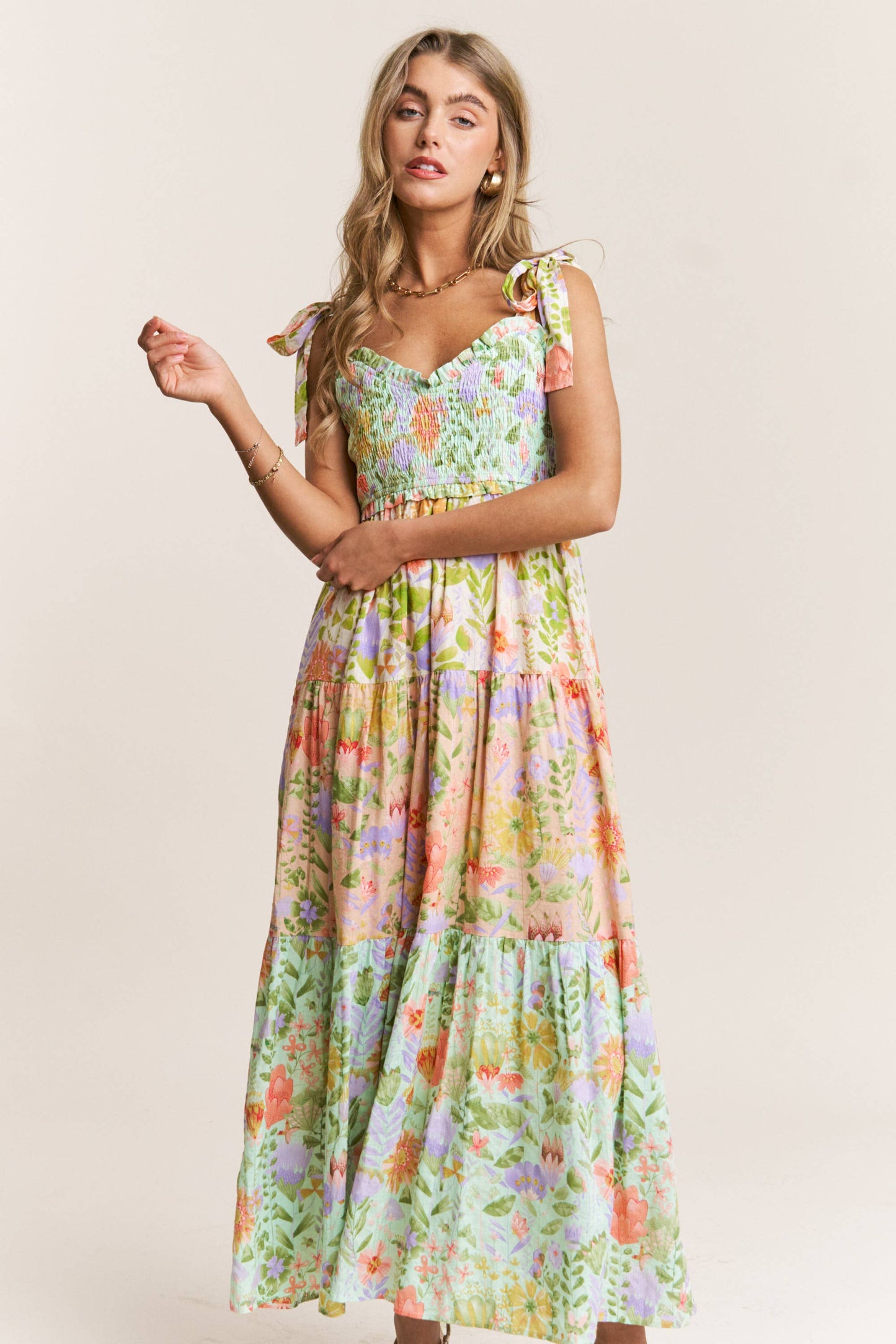 Smocked V-neck Tiered Multi Print Dress