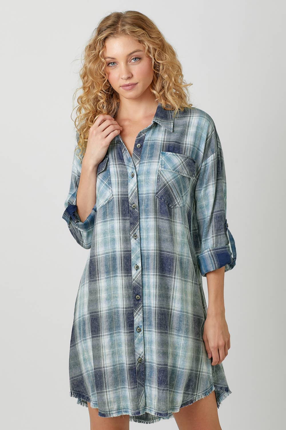 Washed Plaid Shirt Dress