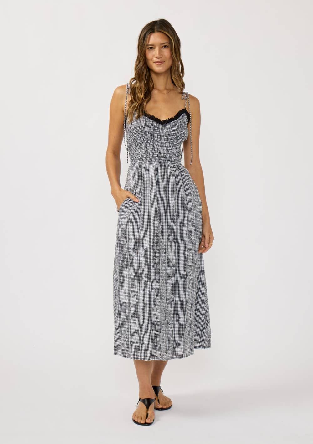 Smocked Gingham Midi Dress