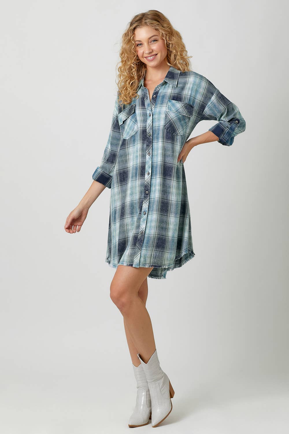Washed Plaid Shirt Dress