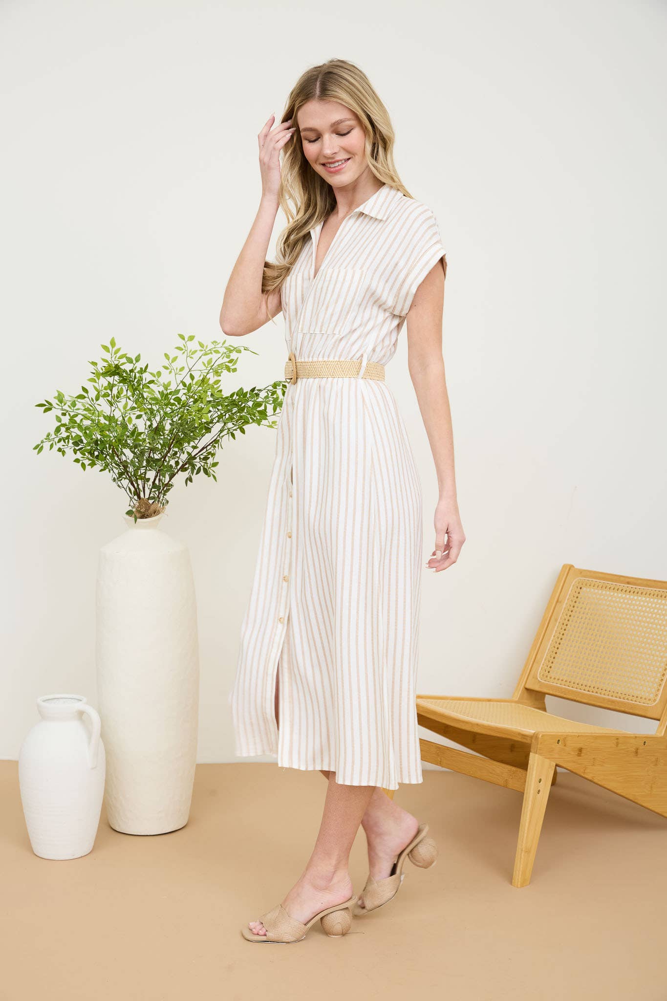STRIPE BUTTON DOWN BELTED MIDI SHIRT DRESS