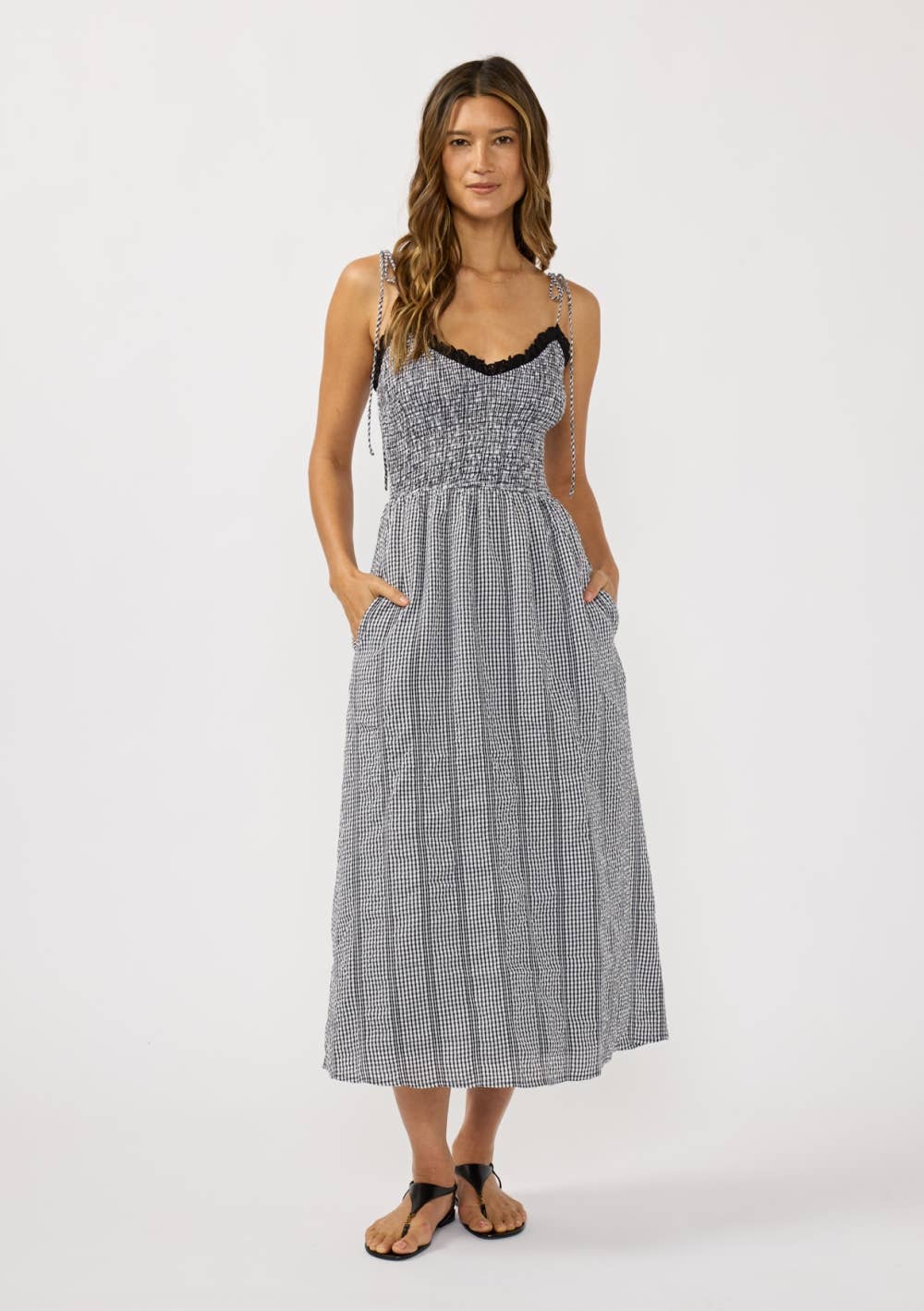 Smocked Gingham Midi Dress