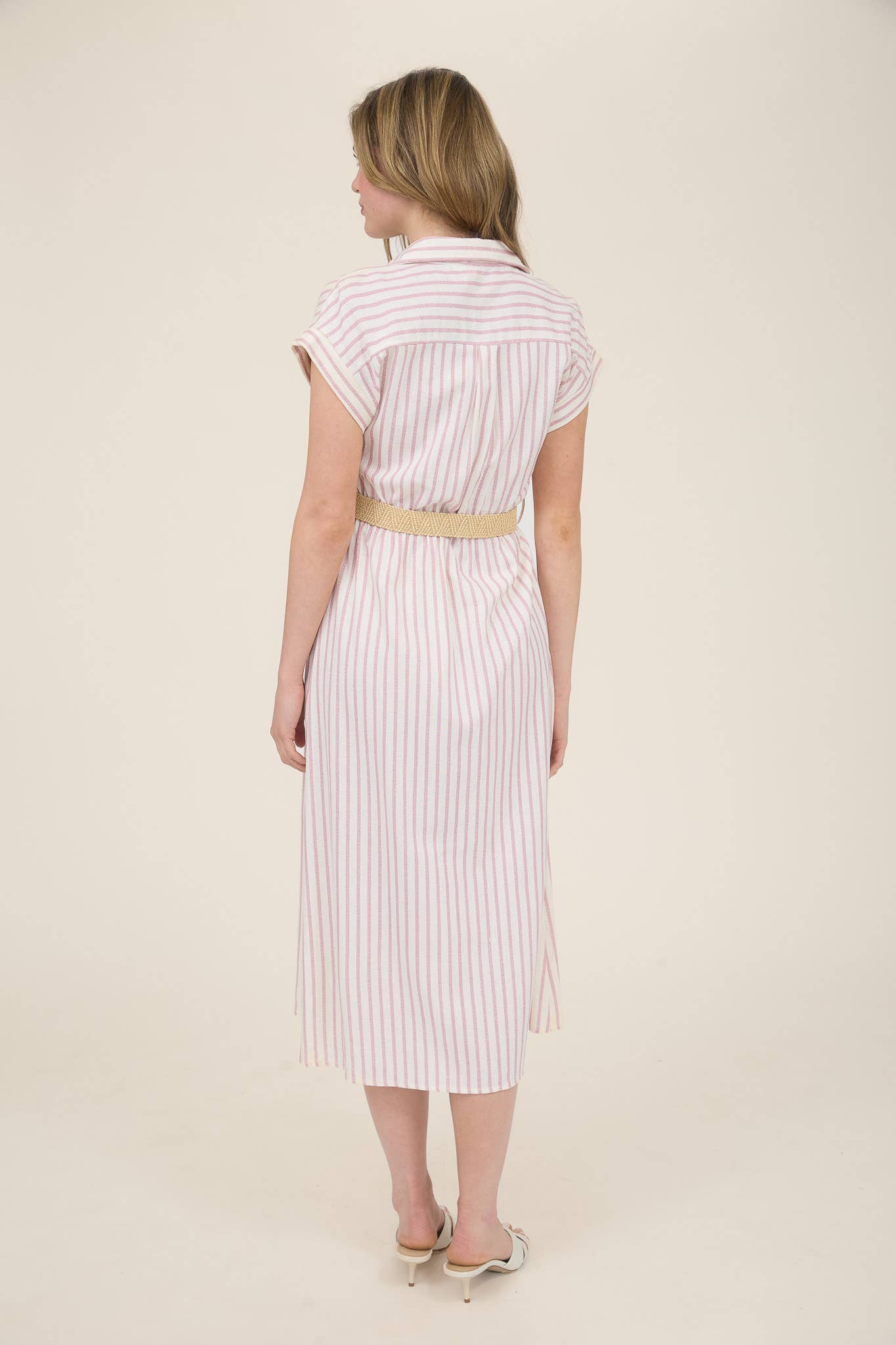 STRIPE BUTTON DOWN BELTED MIDI SHIRT DRESS