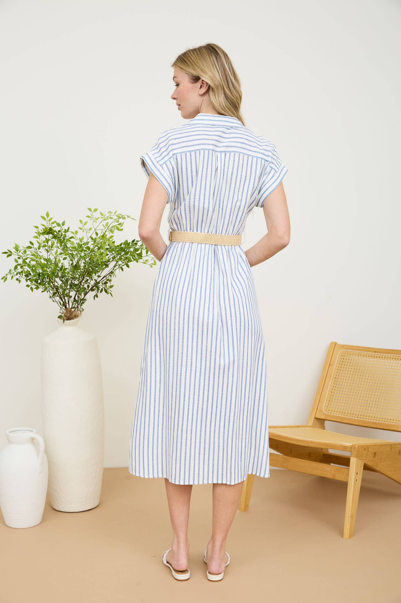 STRIPE BUTTON DOWN BELTED MIDI SHIRT DRESS