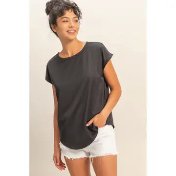 Satin Dolman Sleeve Round Neck Blouse
