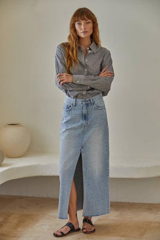 BD267 | Denim Light Wash Cut off Midi Skirt