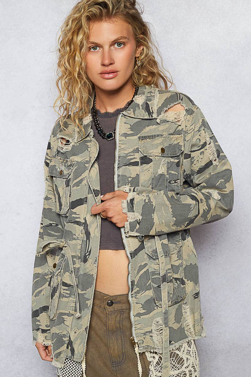 Zipper waist tie camo print jacket with pockets